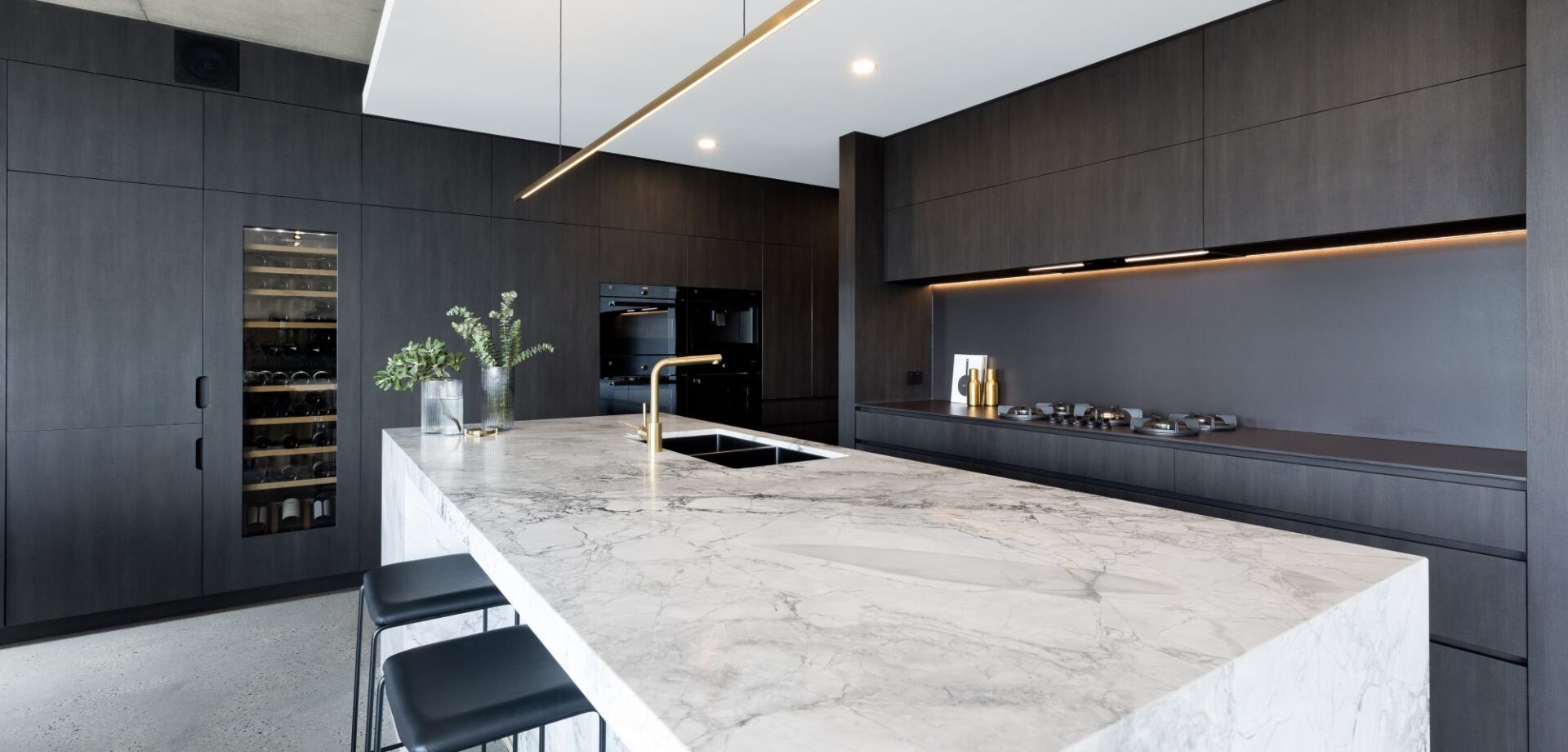 Black Appliances|Smeg Dishwasher|Fisher & Paykel Induction Cooktop||Beko Built In Microwave|Smeg Warming Drawer||Fisher & Paykel Fridge|Vintec|Zip Tap|Oliveri Sink