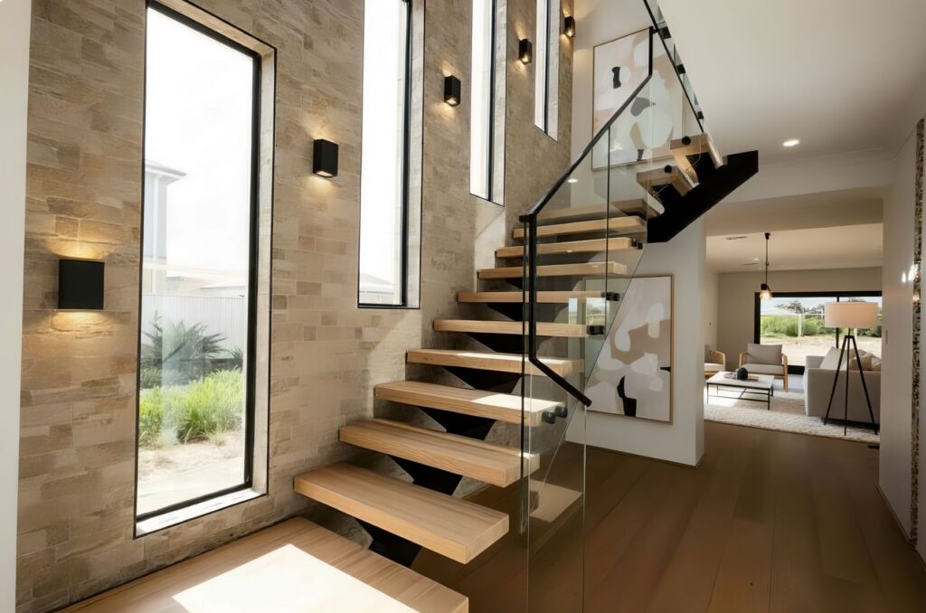 Custom Home Builders Golden Bay|Custom Homes Golden Bay|The Marillana|Sculptural staircase design|LEGO inspired home|Custom home Golden Bay|Custom LEGO architectural feature|||Custom Homes Golden Bay Staircase||||||