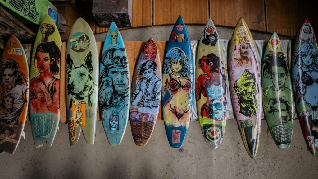 |Surfing on a Kneeboard||||Pop Art Surf Boards by David Bromley||||||