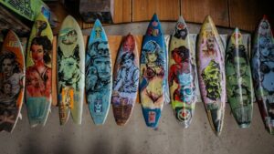 |Surfing on a Kneeboard||||Pop Art Surf Boards by David Bromley||||||
